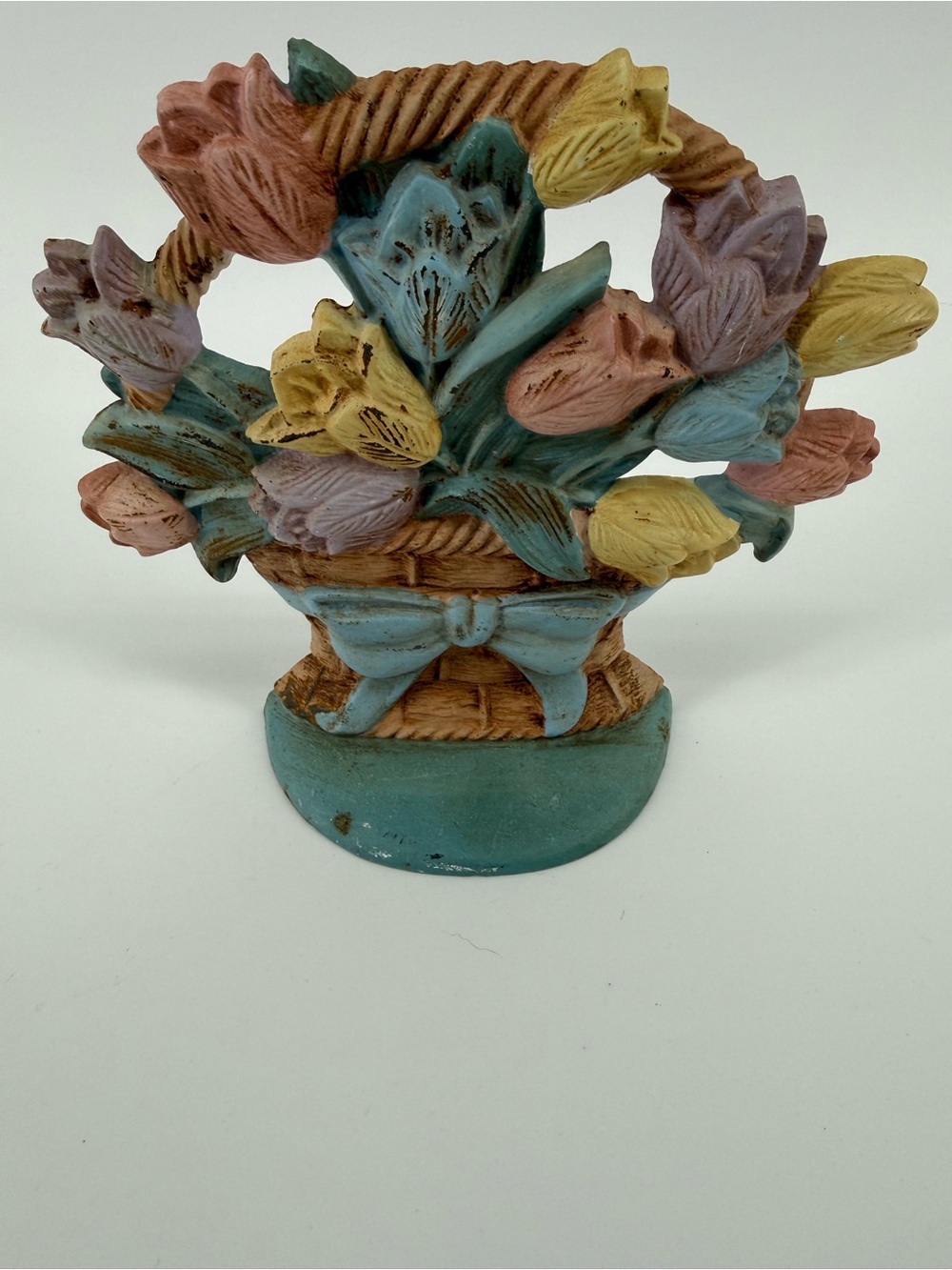 Vintage Cast Iron Tulip Flower Basket Doorstop‎ Pastel Floral Cottagecore Decor